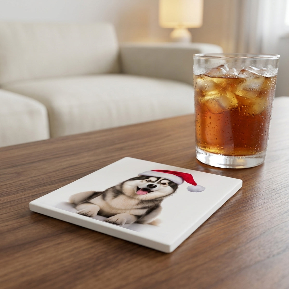 Alaskan Malamute ceramic coasters set of 4, lifestyle