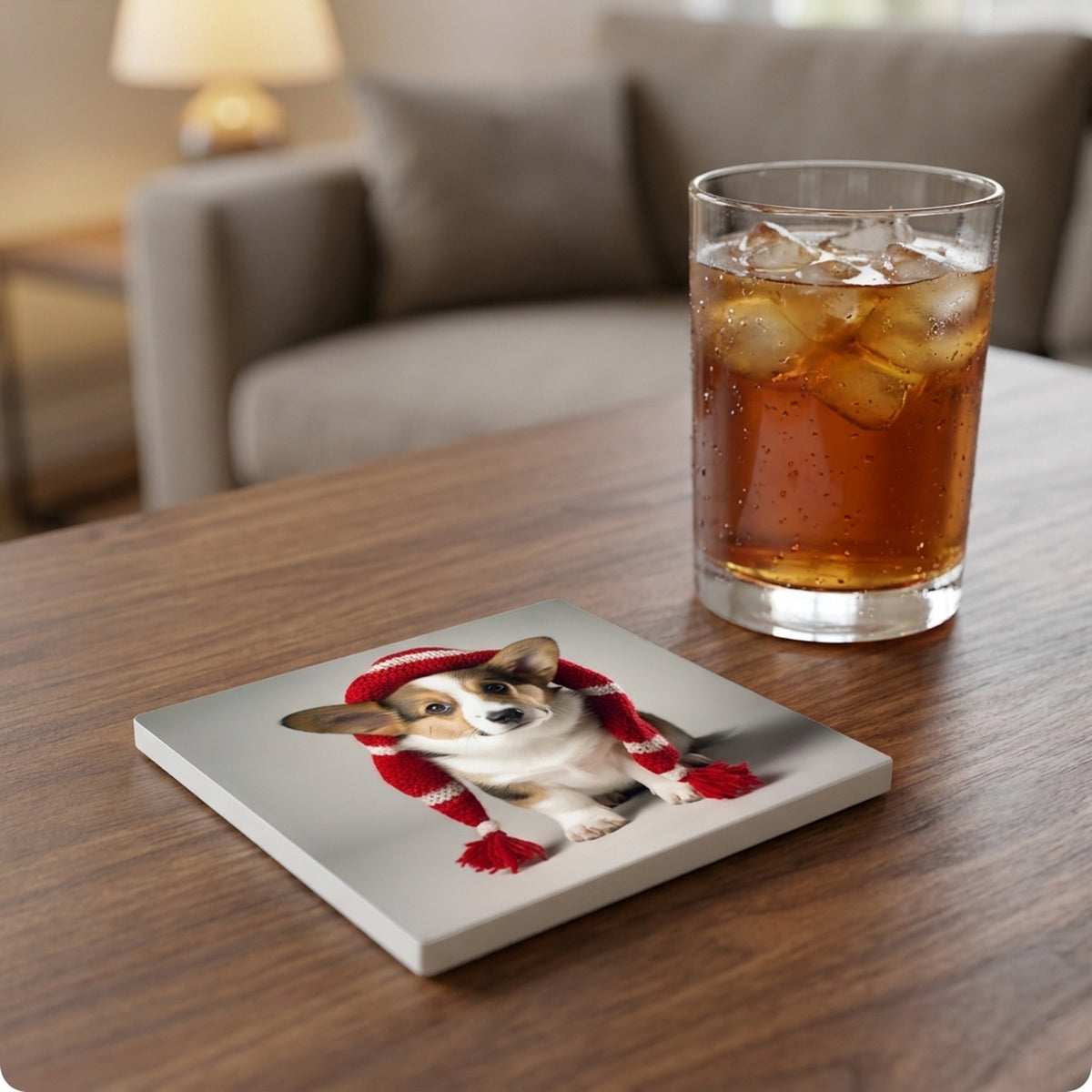 Cardigan Welsh Corgi Puppy ceramic coasters set of 4, lifestyle