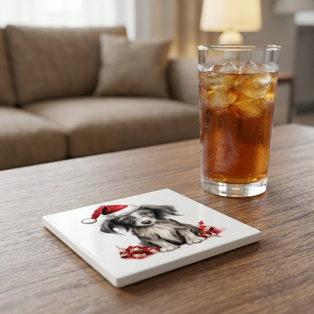 Chinese Crested Puppy Drawing ceramic coasters set of 4, lifestyle