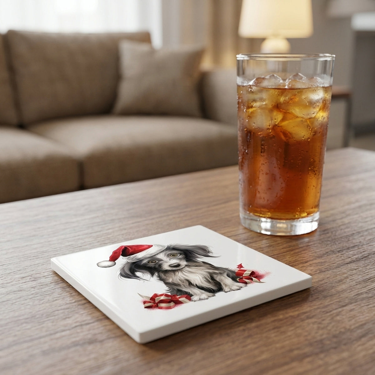 Chinese Crested Puppy Drawing ceramic coasters set of 4, lifestyle