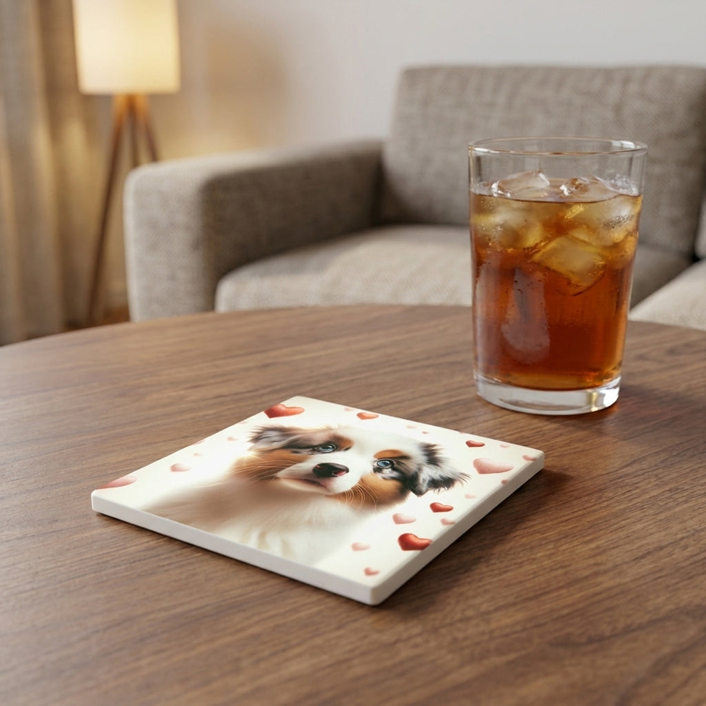 Australian Shepherd ceramic coasters set of 4, lifestyle