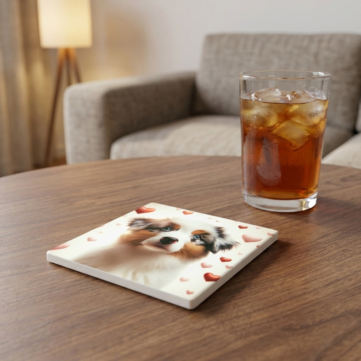 Australian Shepherd ceramic coasters set of 4, lifestyle
