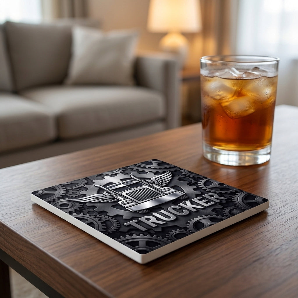 Trucker Rig ceramic coasters set of 4, lifestyle