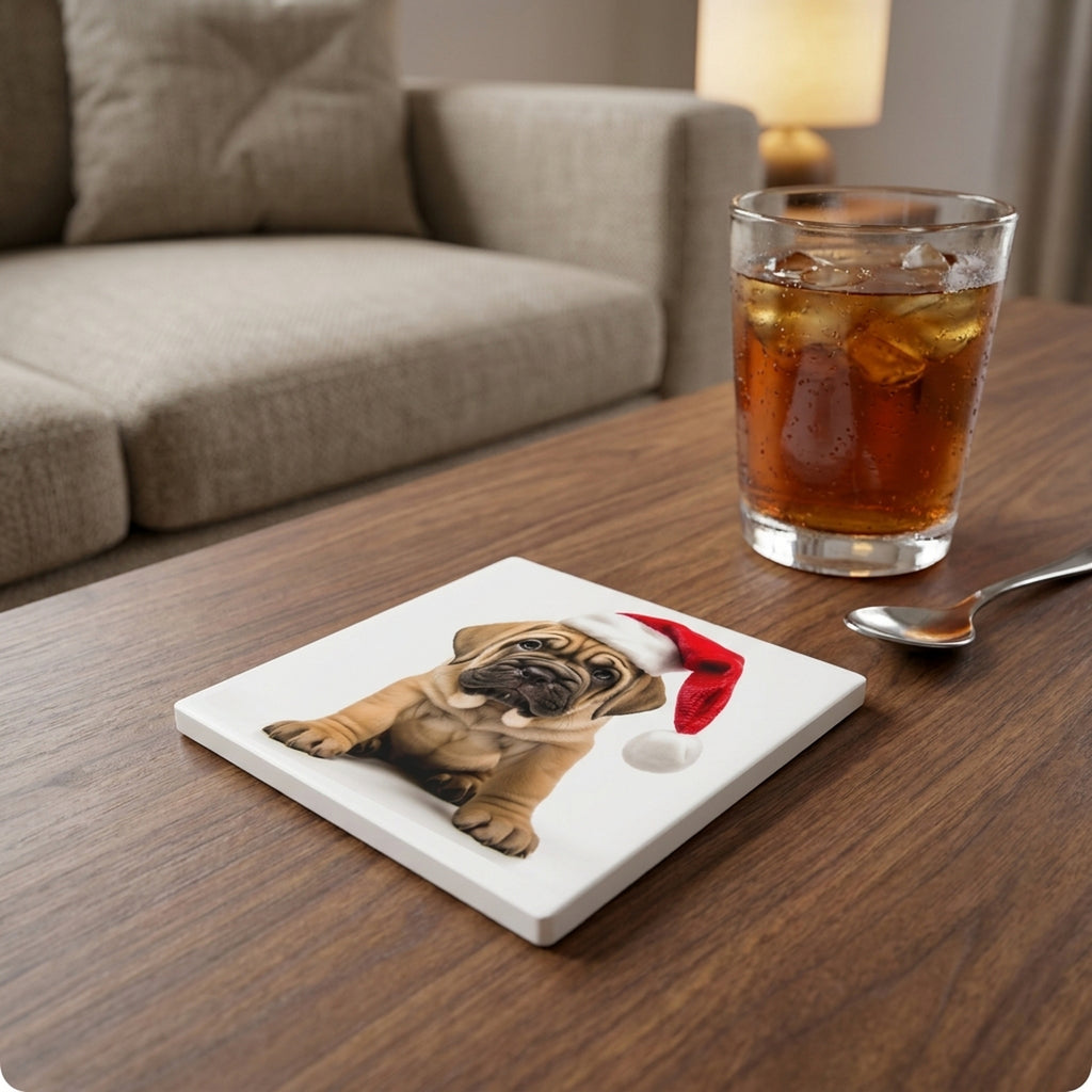 Mastiff Puppy ceramic coasters set of 4, lifestyle