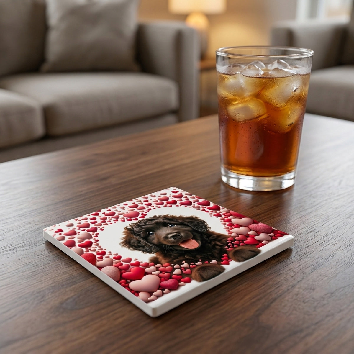 Portuguese Water Dog ceramic coasters set of 4, lifestyle