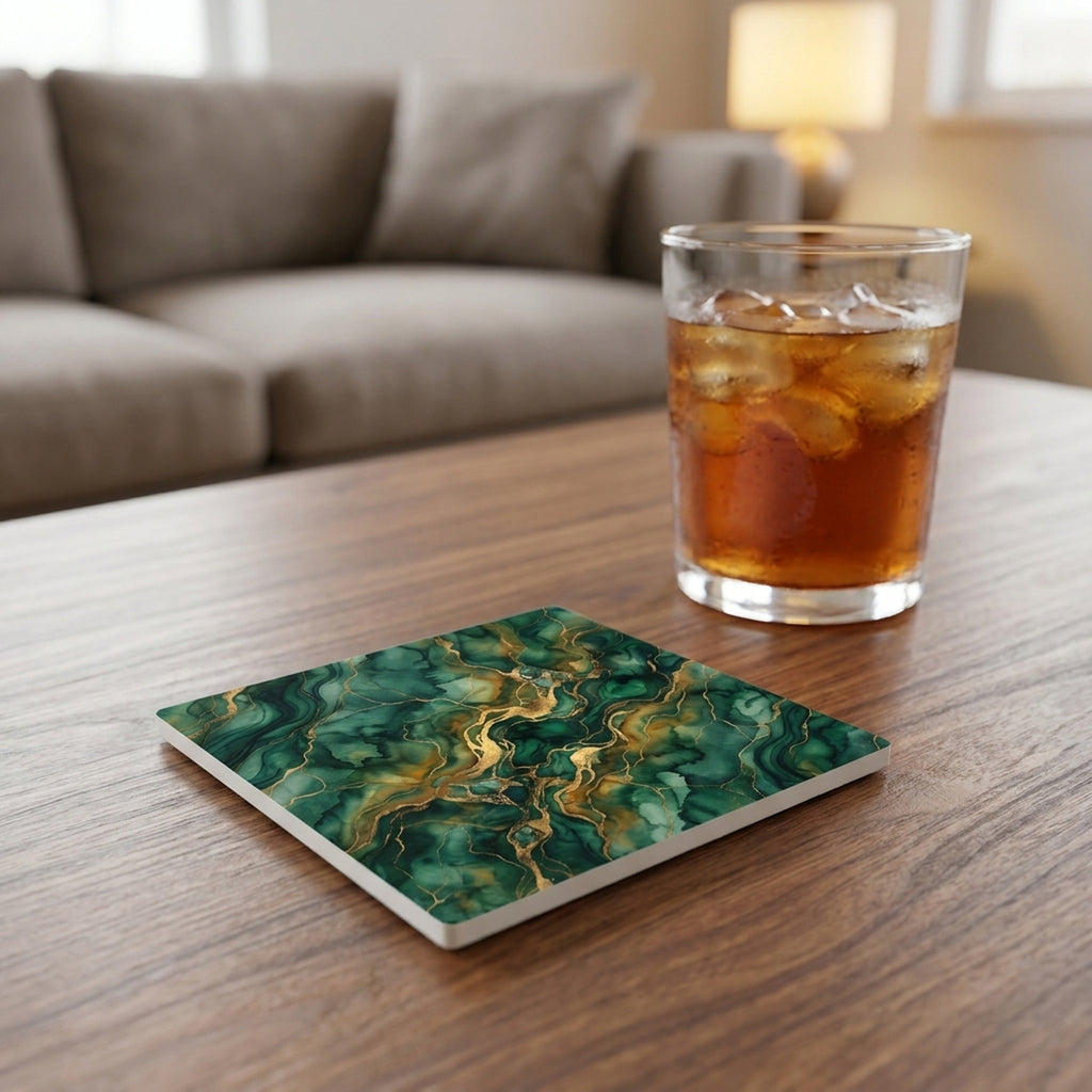 Emerald Marble ceramic coasters set of 4, lifestyle