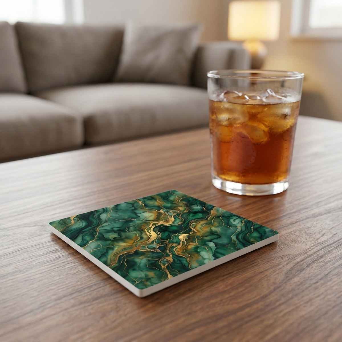 Emerald Marble ceramic coasters set of 4, lifestyle