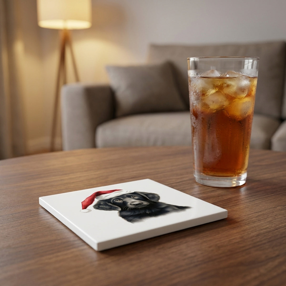 Flat-Coated Retriever Puppy Drawing ceramic coasters set of 4, lifestyle