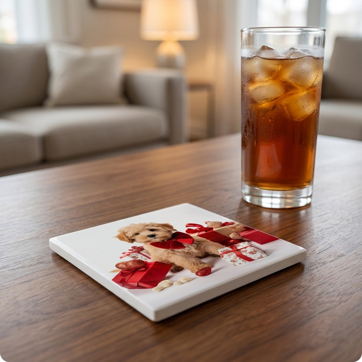Russian Toy Puppy ceramic coasters set of 4, lifestyle