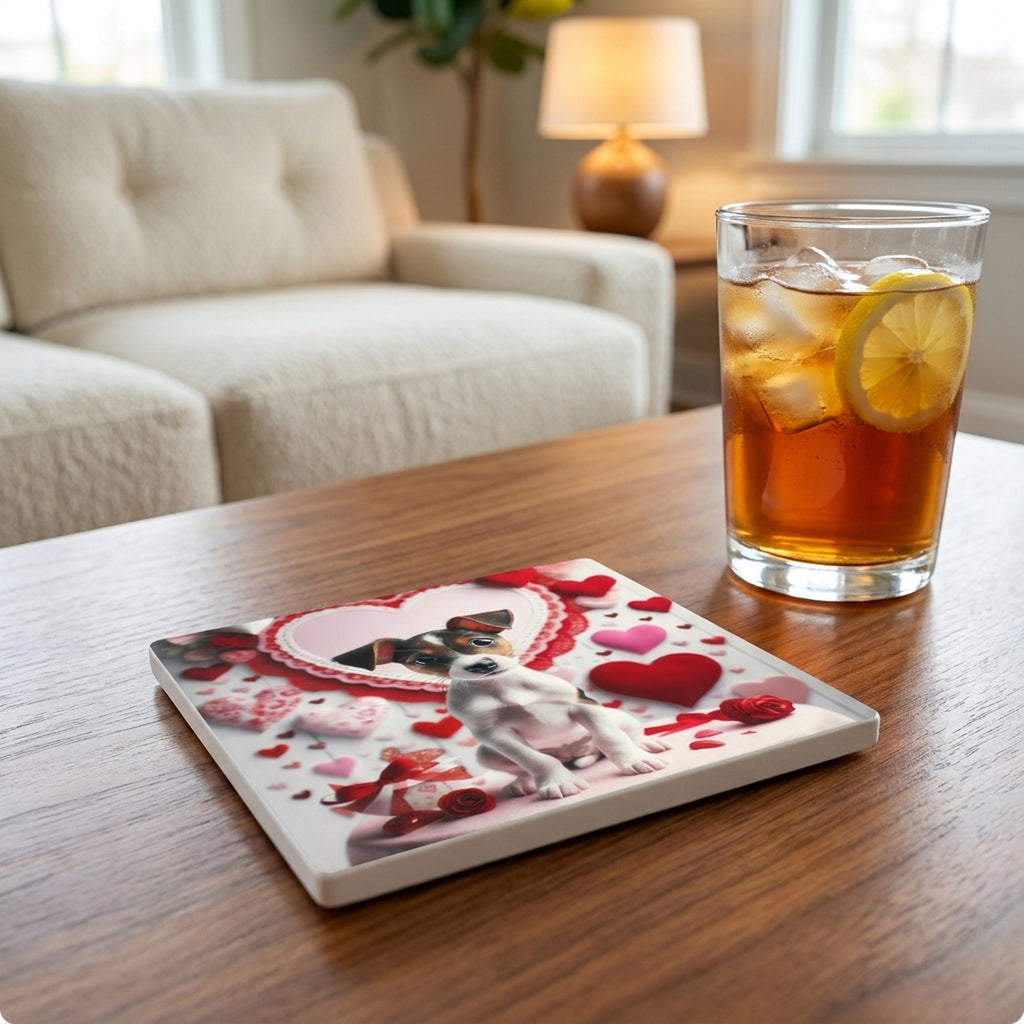Jack Russell Terrier ceramic coasters set of 4, lifestyle