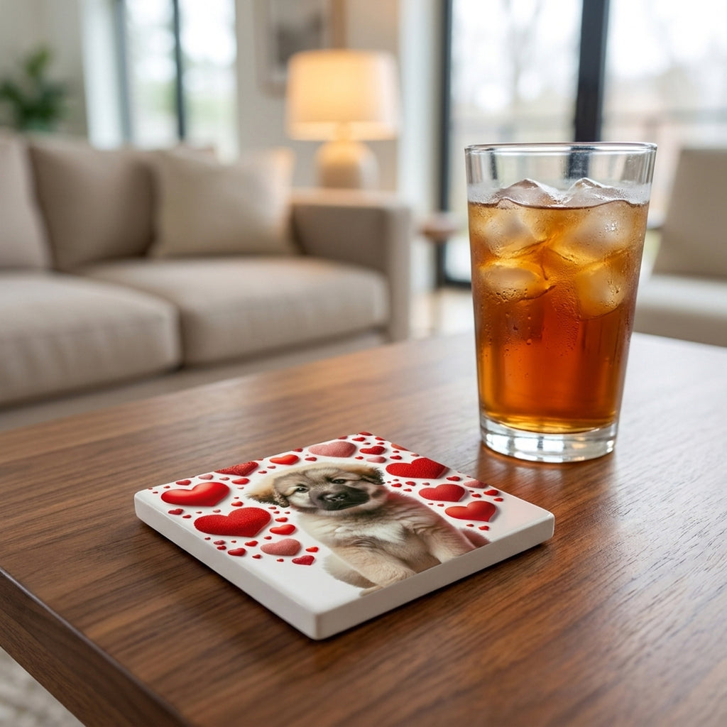 Leonberger ceramic coasters set of 4, lifestyle