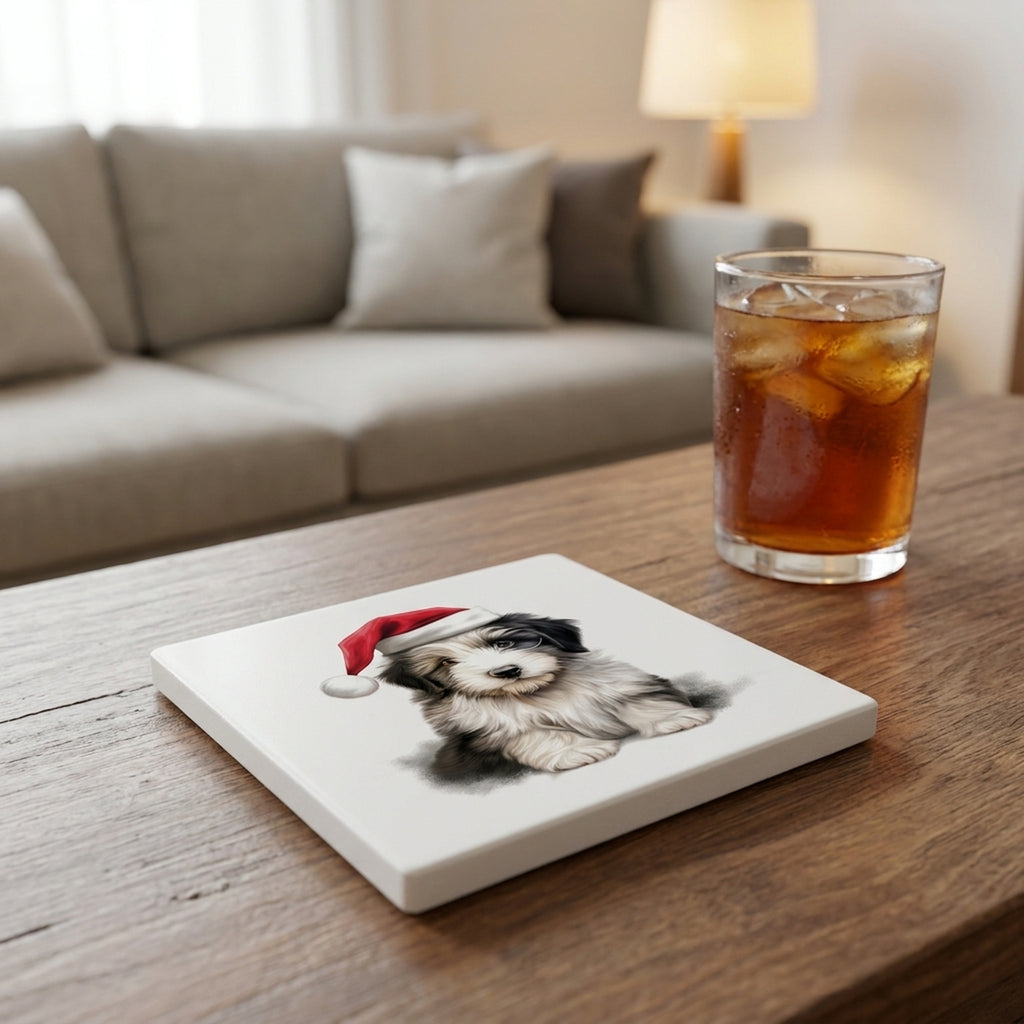 Polish Lowland Sheepdog Puppy Drawing ceramic coasters set of 4, lifestyle