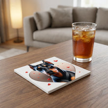 Doberman Pinscher ceramic coasters set of 4, lifestyle