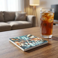 Downtown Christmas Plaza ceramic coasters set of 4, lifestyle