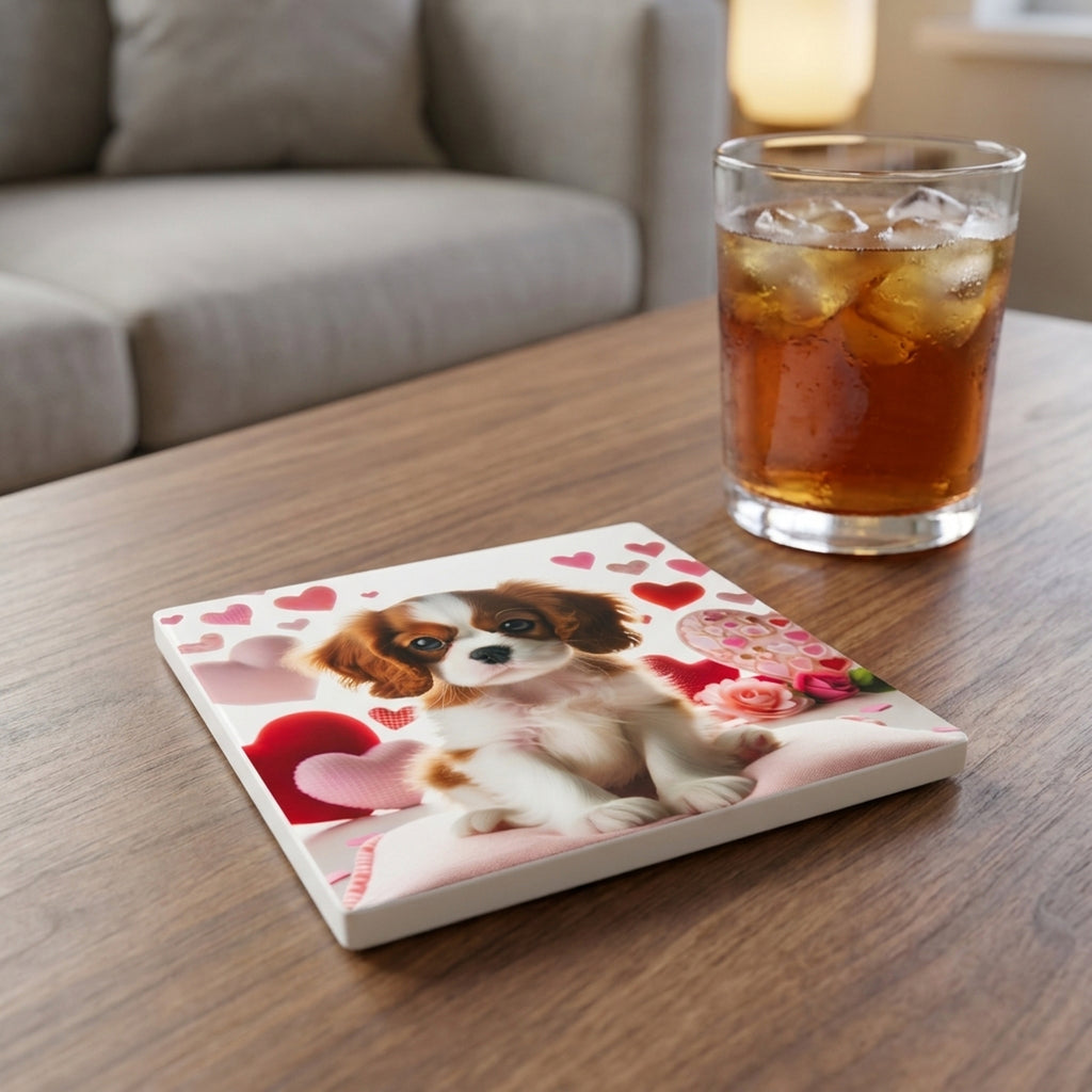 Cavalier King Charles Spaniel ceramic coasters set of 4, lifestyle