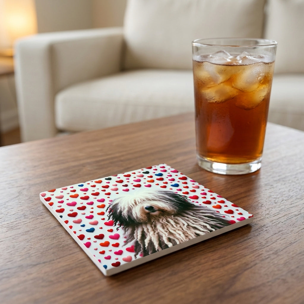 Bergamasco Sheepdog ceramic coasters set of 4, lifestyle