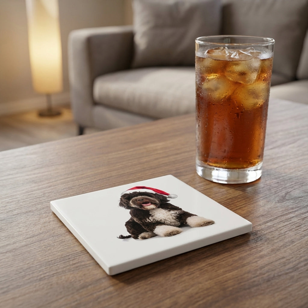 Spanish Water Dog ceramic coasters set of 4, lifestyle