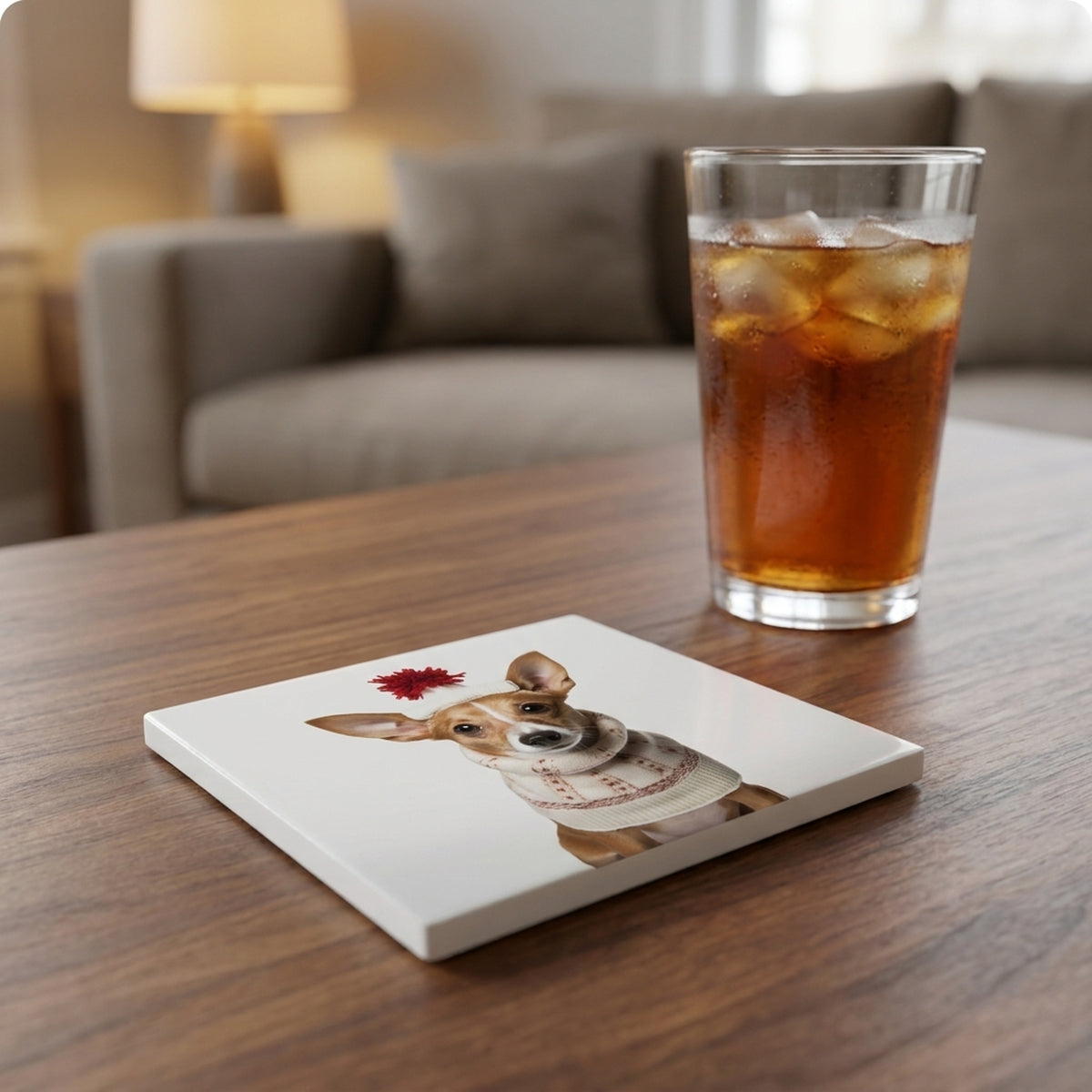 Portuguese Podengo Pequeno ceramic coasters set of 4, lifestyle