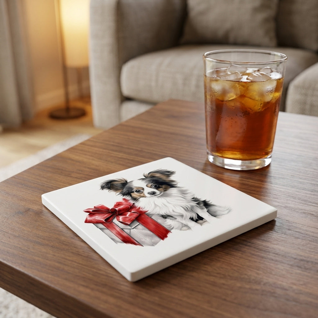 Papillon Puppy Drawing ceramic coasters set of 4, lifestyle