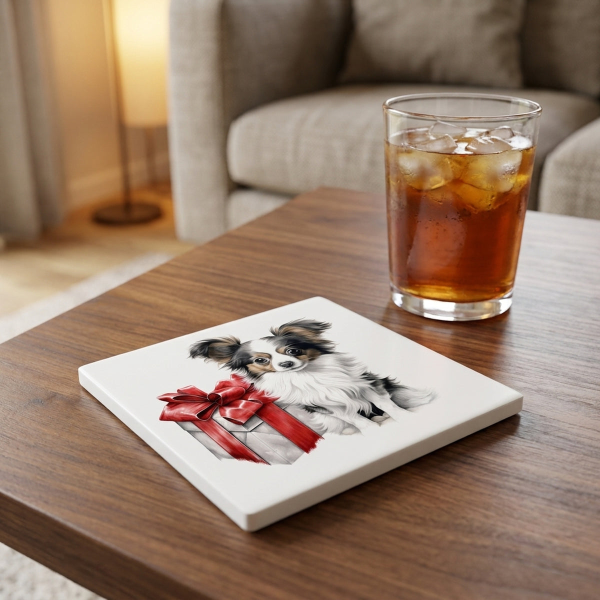 Papillon Puppy Drawing ceramic coasters set of 4, lifestyle