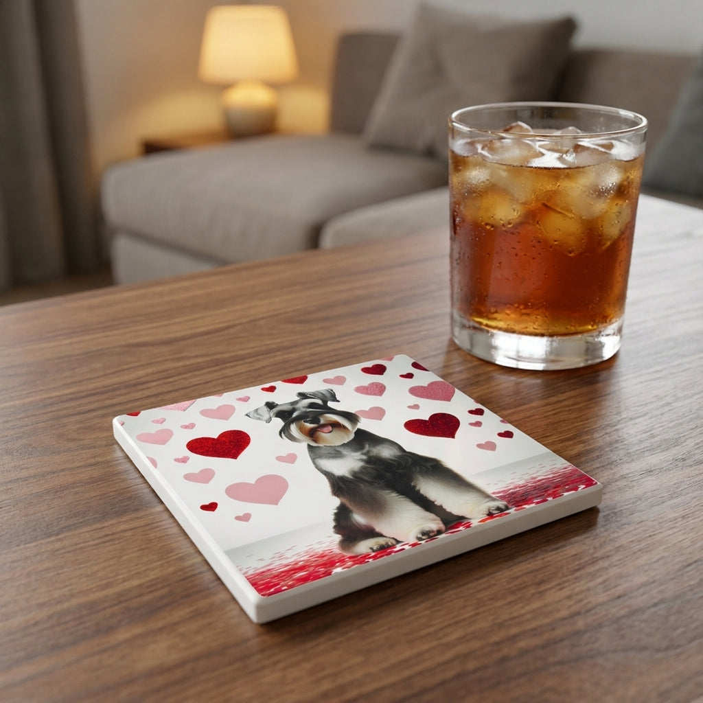 Miniature Schnauzer ceramic coasters set of 4, lifestyle