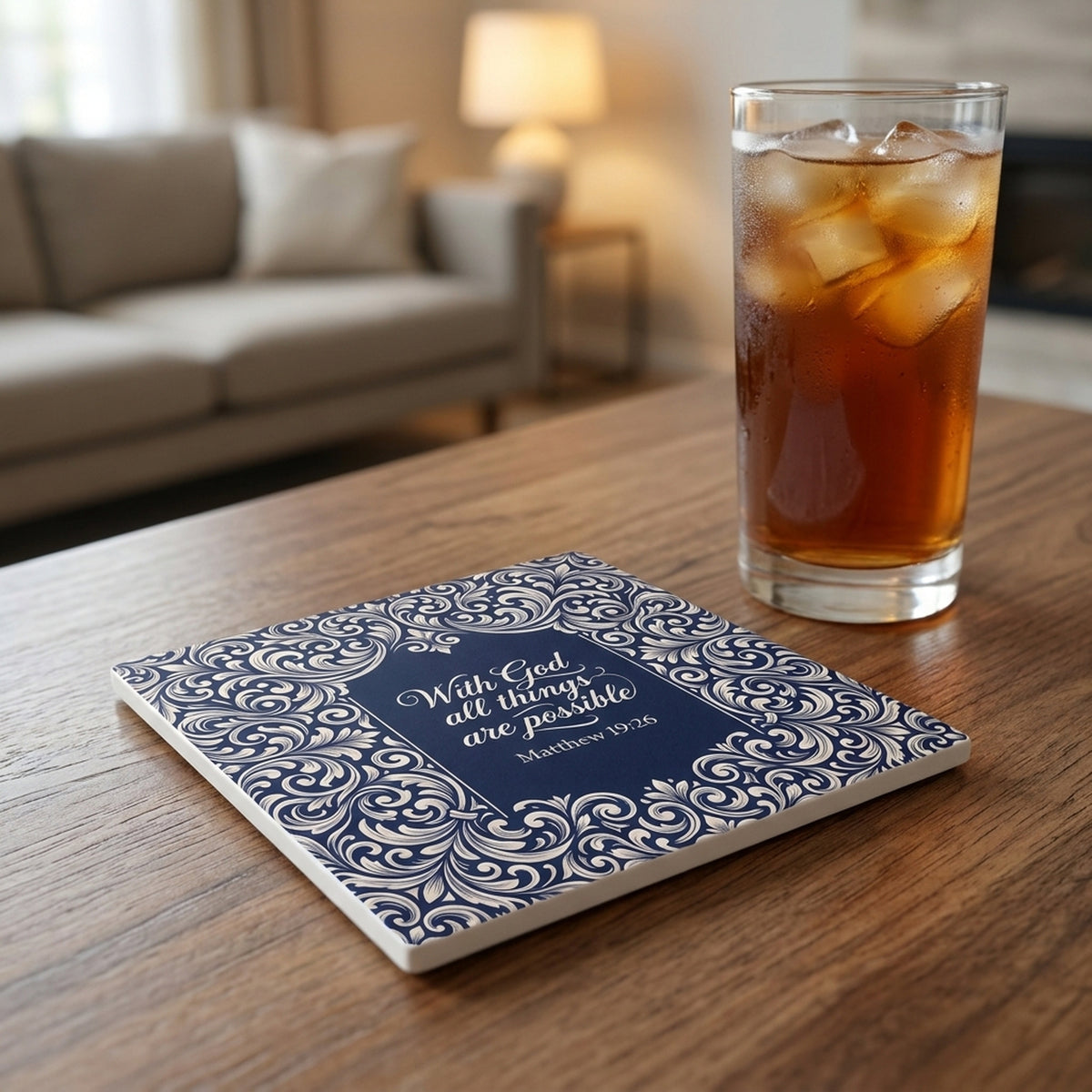 Matthew 19:26 ceramic coasters set of 4, lifestyle
