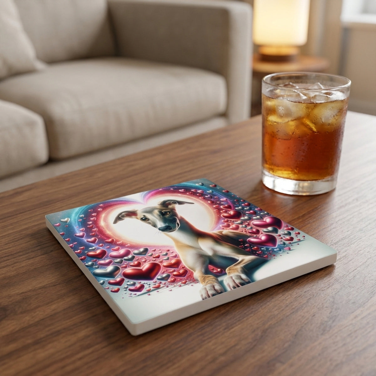 Italian Greyhound ceramic coasters set of 4, lifestyle