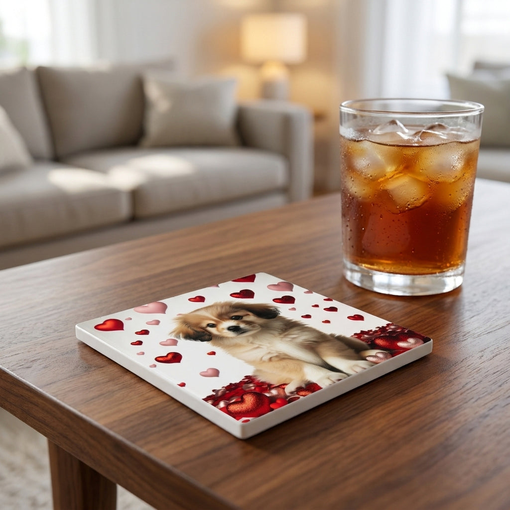 Tibetan Spaniel ceramic coasters set of 4, lifestyle