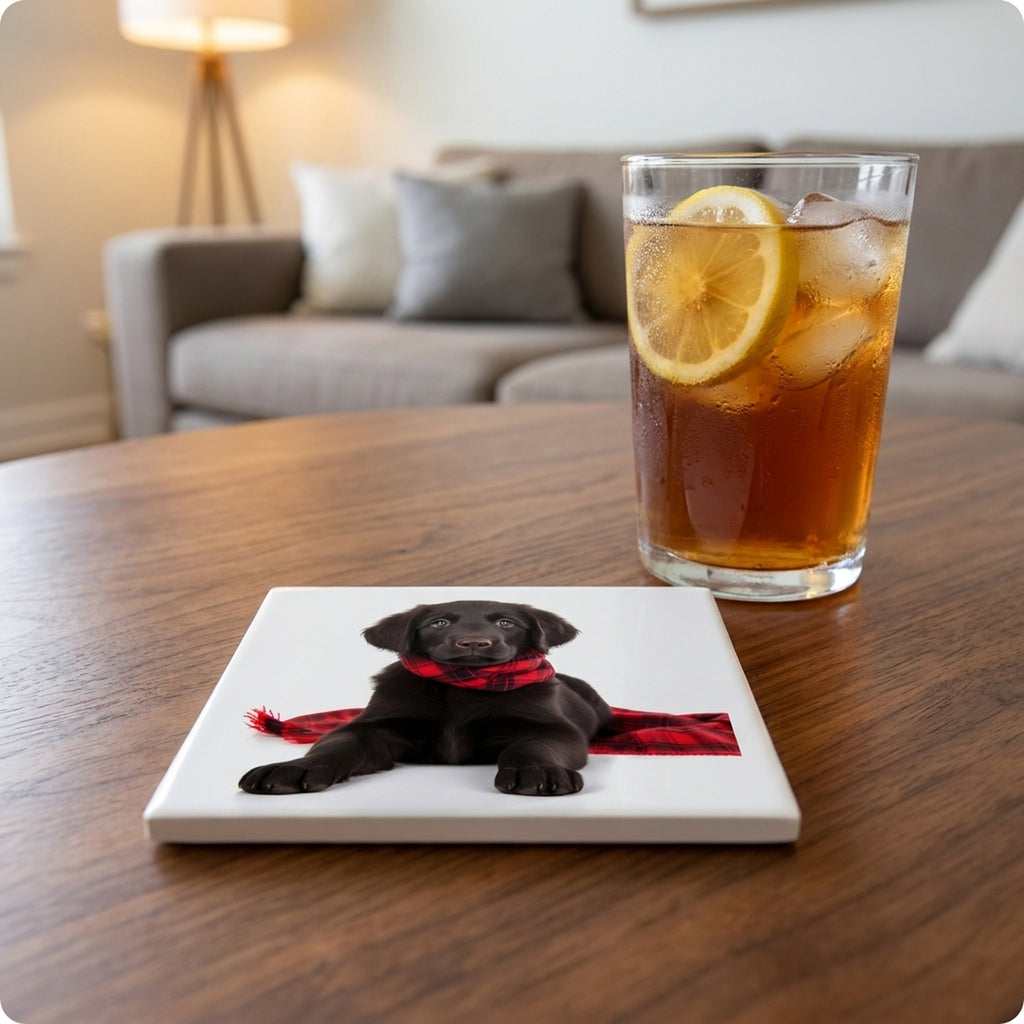 Flat-Coated Retriever Puppy ceramic coasters set of 4, lifestyle