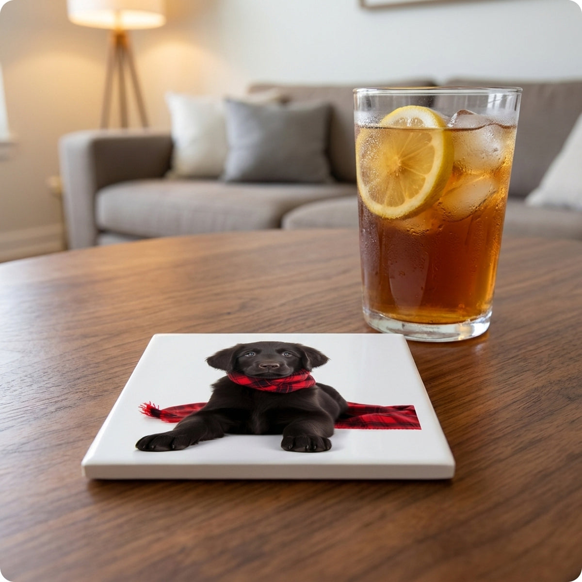 Flat-Coated Retriever Puppy ceramic coasters set of 4, lifestyle