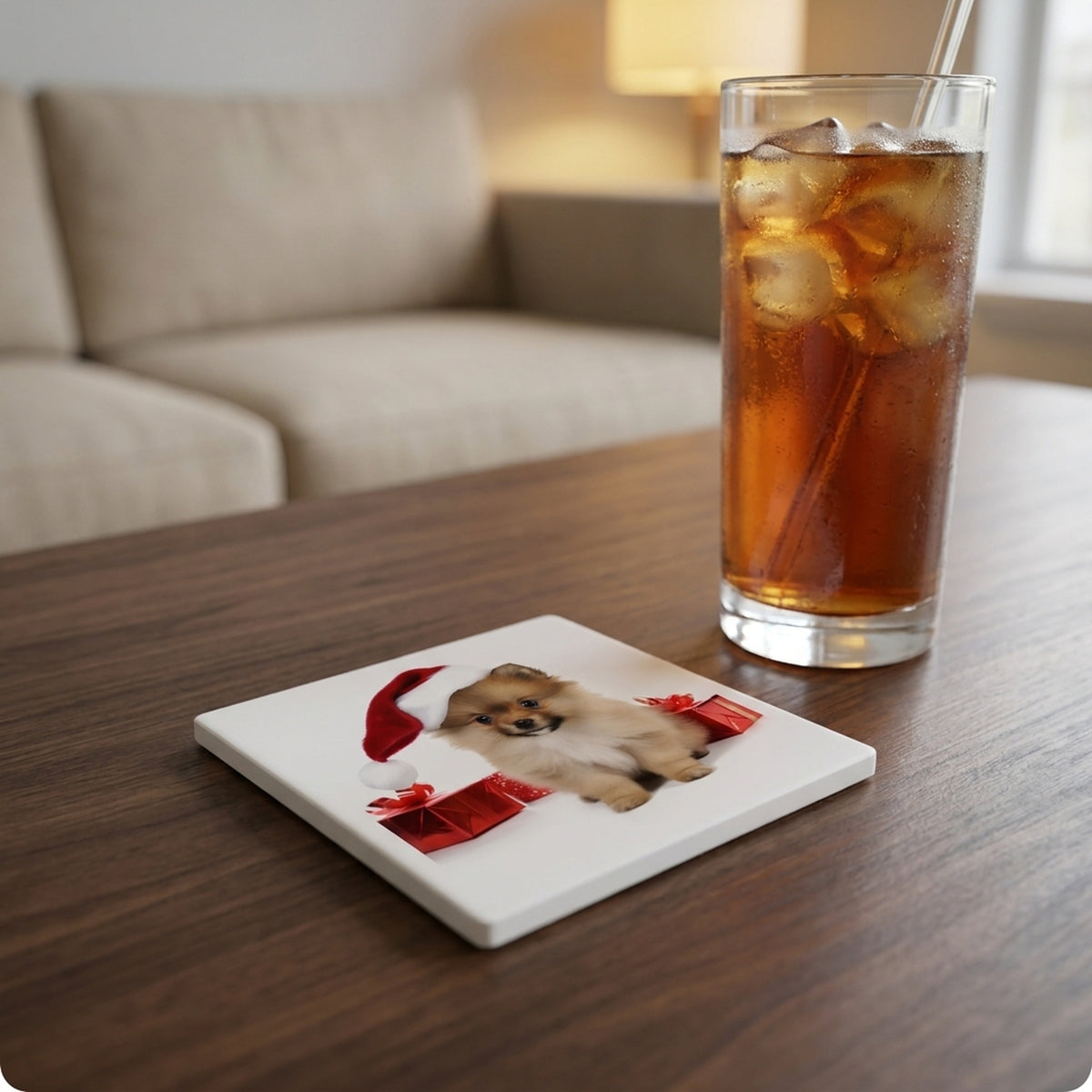 Pomeranian Puppy ceramic coasters set of 4, lifestyle