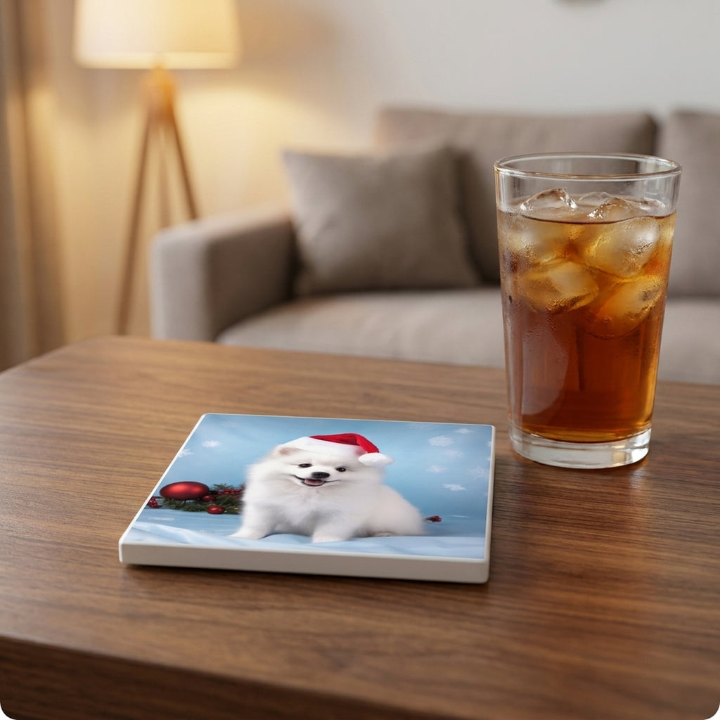 American Eskimo Dog Puppy ceramic coasters set of 4, lifestyle