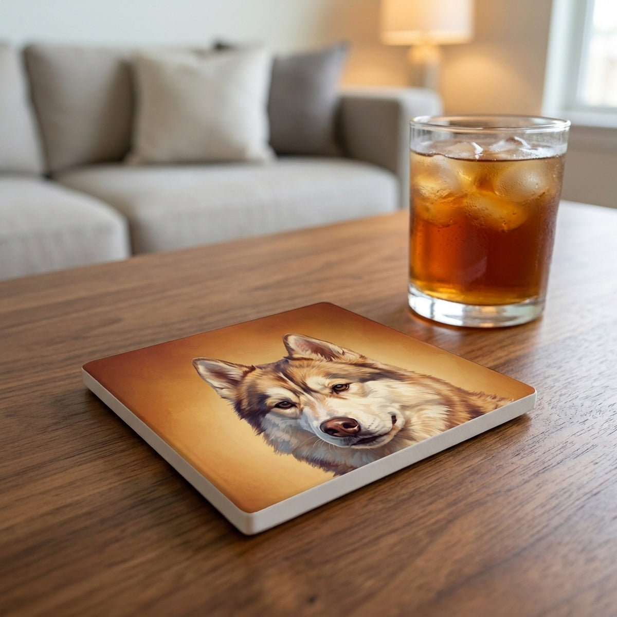 Siberian Husky Portrait ceramic coasters set of 4, lifestyle