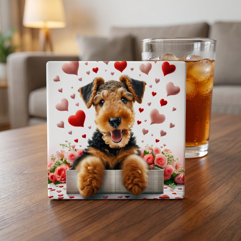 Airedale Terrier ceramic coasters set of 4, lifestyle