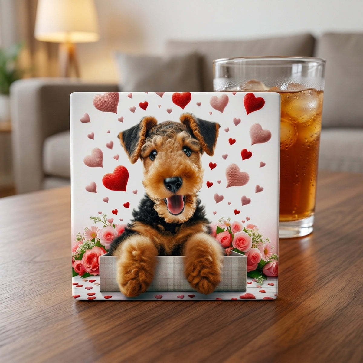 Airedale Terrier ceramic coasters set of 4, lifestyle
