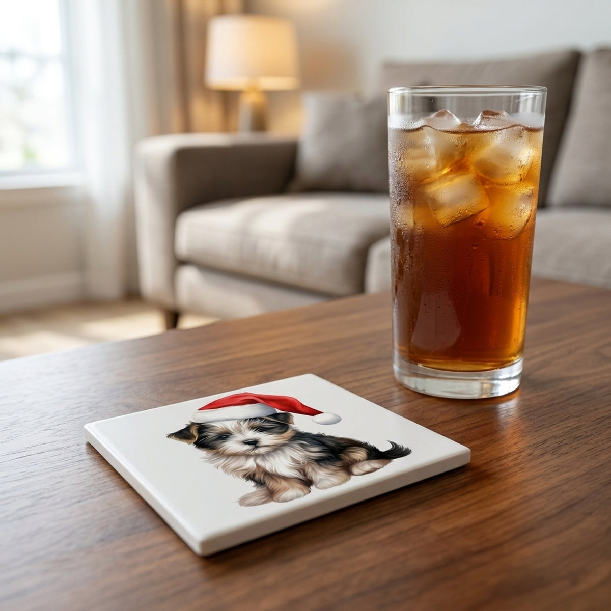Biewer Terrier Puppy Drawing ceramic coasters set of 4, lifestyle