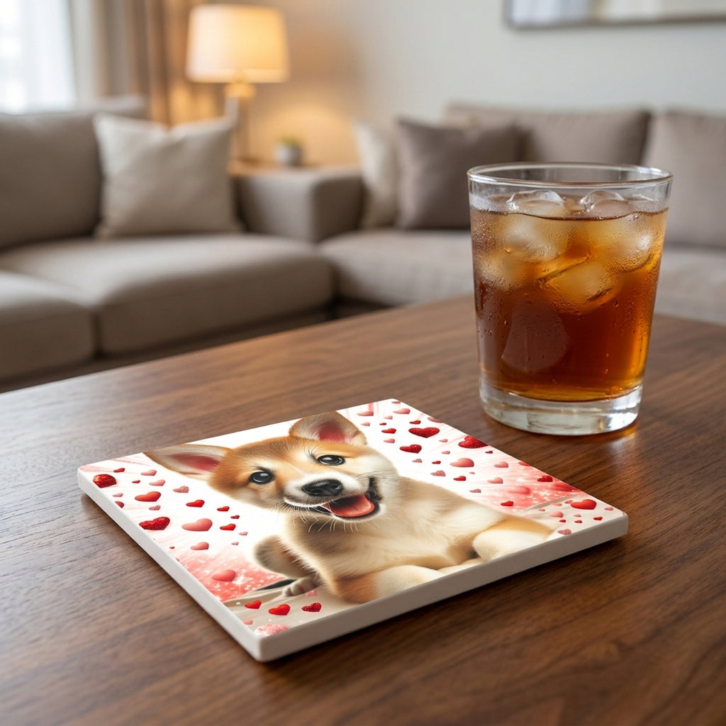 Shiba Inu ceramic coasters set of 4, lifestyle