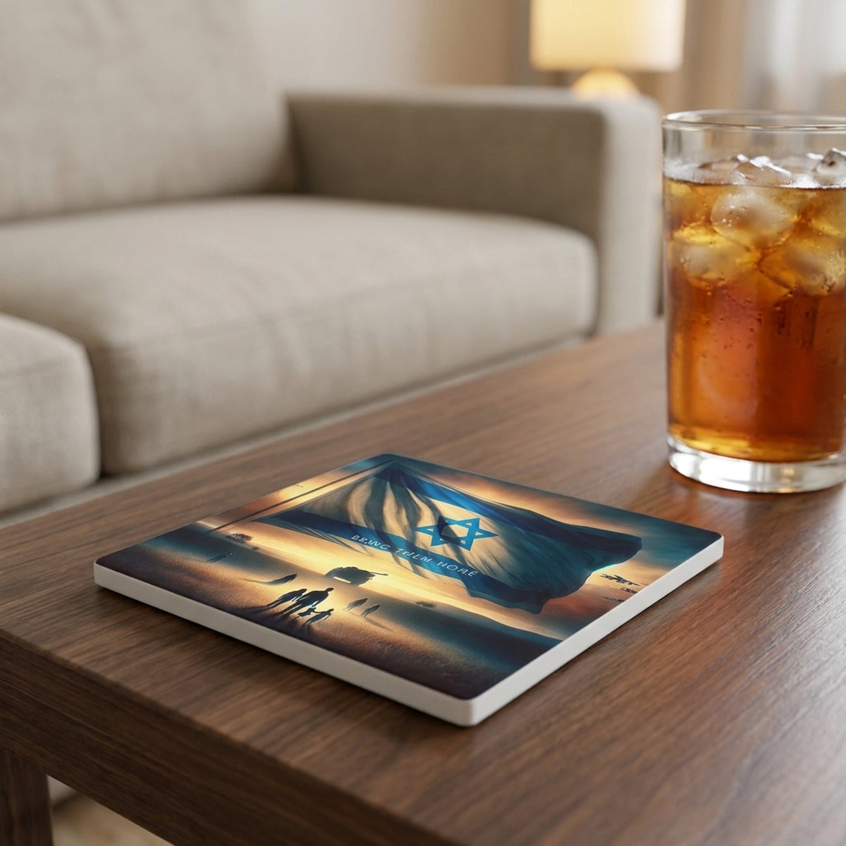 Israeli Flag Sunrise ceramic coasters set of 4, lifestyle