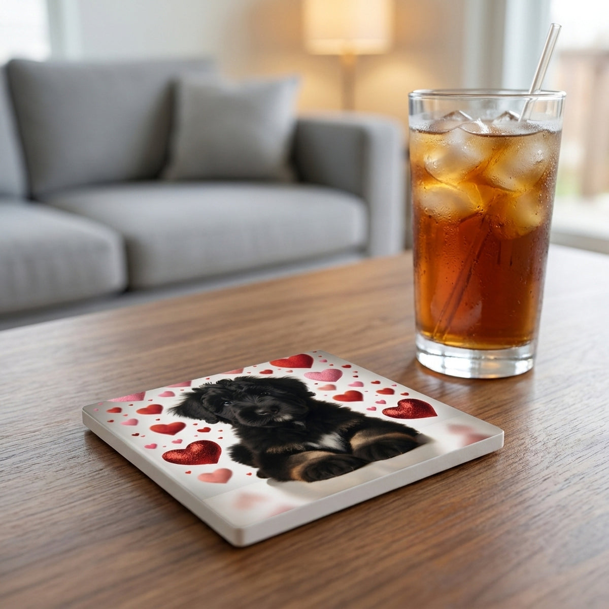 Bernedoodle ceramic coasters set of 4, lifestyle