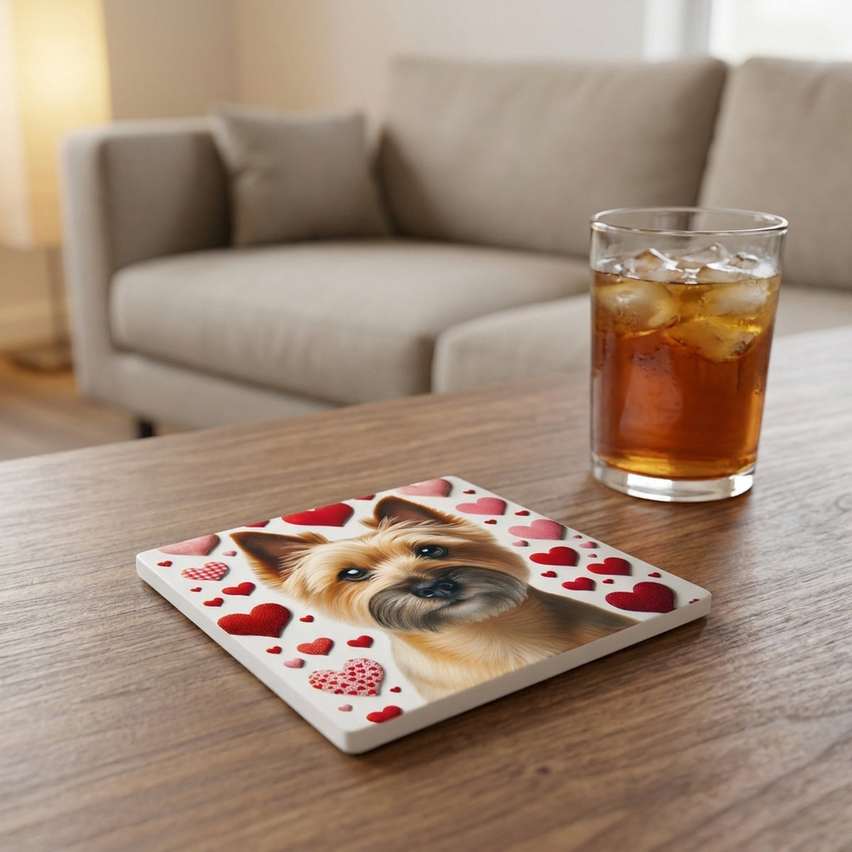 Cairn Terrier ceramic coasters set of 4, lifestyle