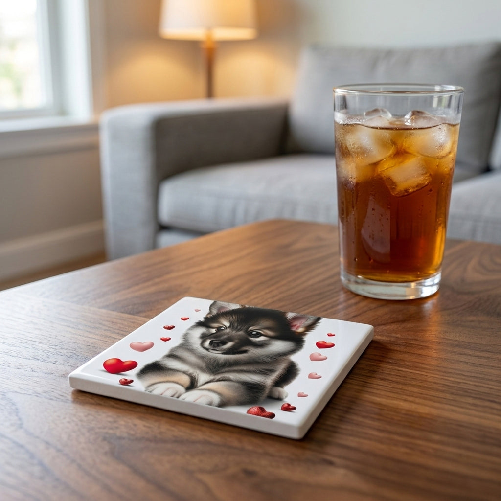 Keeshond ceramic coasters set of 4, lifestyle