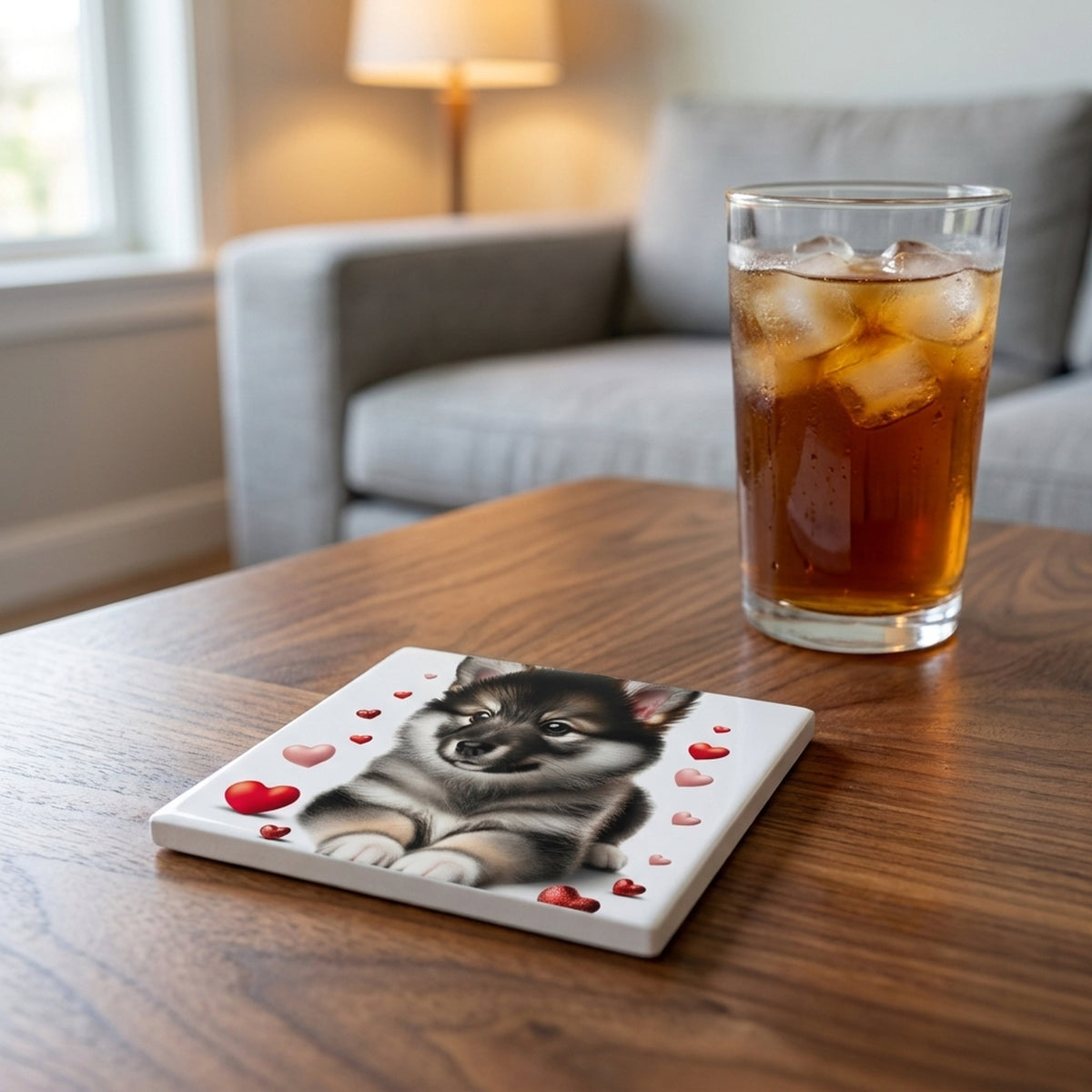 Keeshond ceramic coasters set of 4, lifestyle