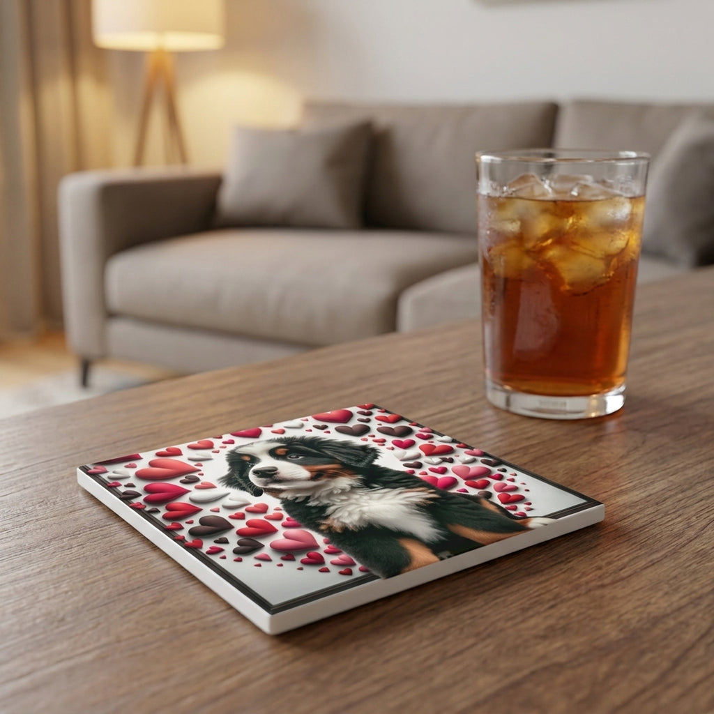 Bernese Mountain Dog ceramic coasters set of 4, lifestyle