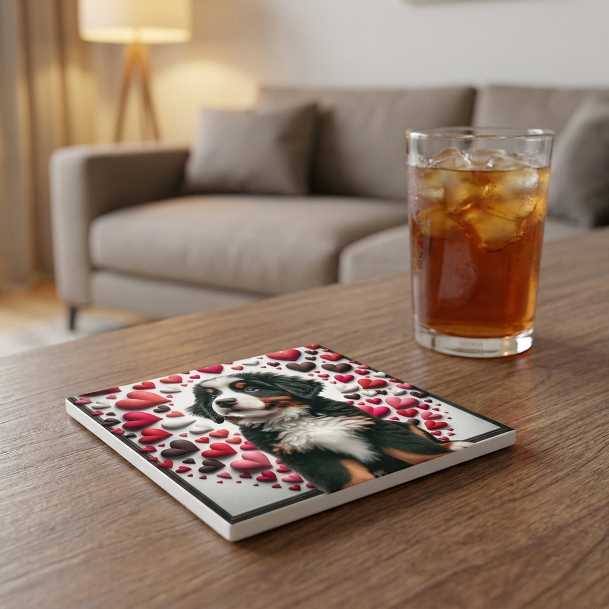 Bernese Mountain Dog ceramic coasters set of 4, lifestyle