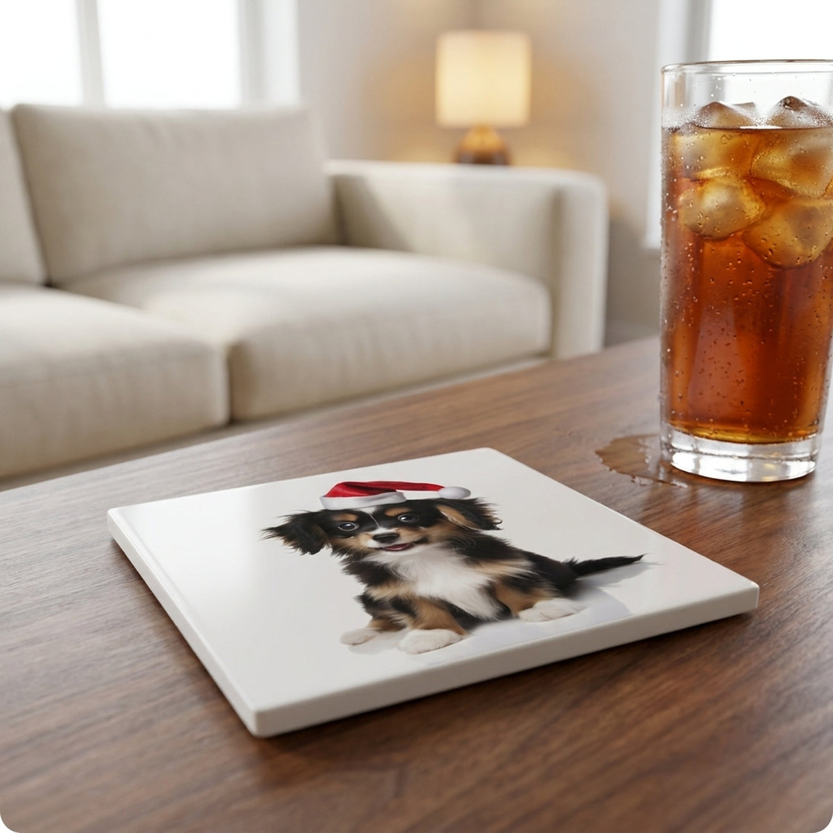Belgian Laekenois Puppy ceramic coasters set of 4, lifestyle