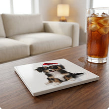 Belgian Laekenois Puppy ceramic coasters set of 4, lifestyle
