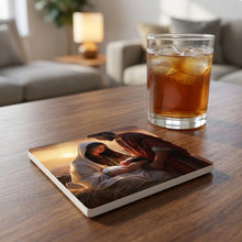 Warm Sunset Nativity ceramic coasters set of 4, lifestyle
