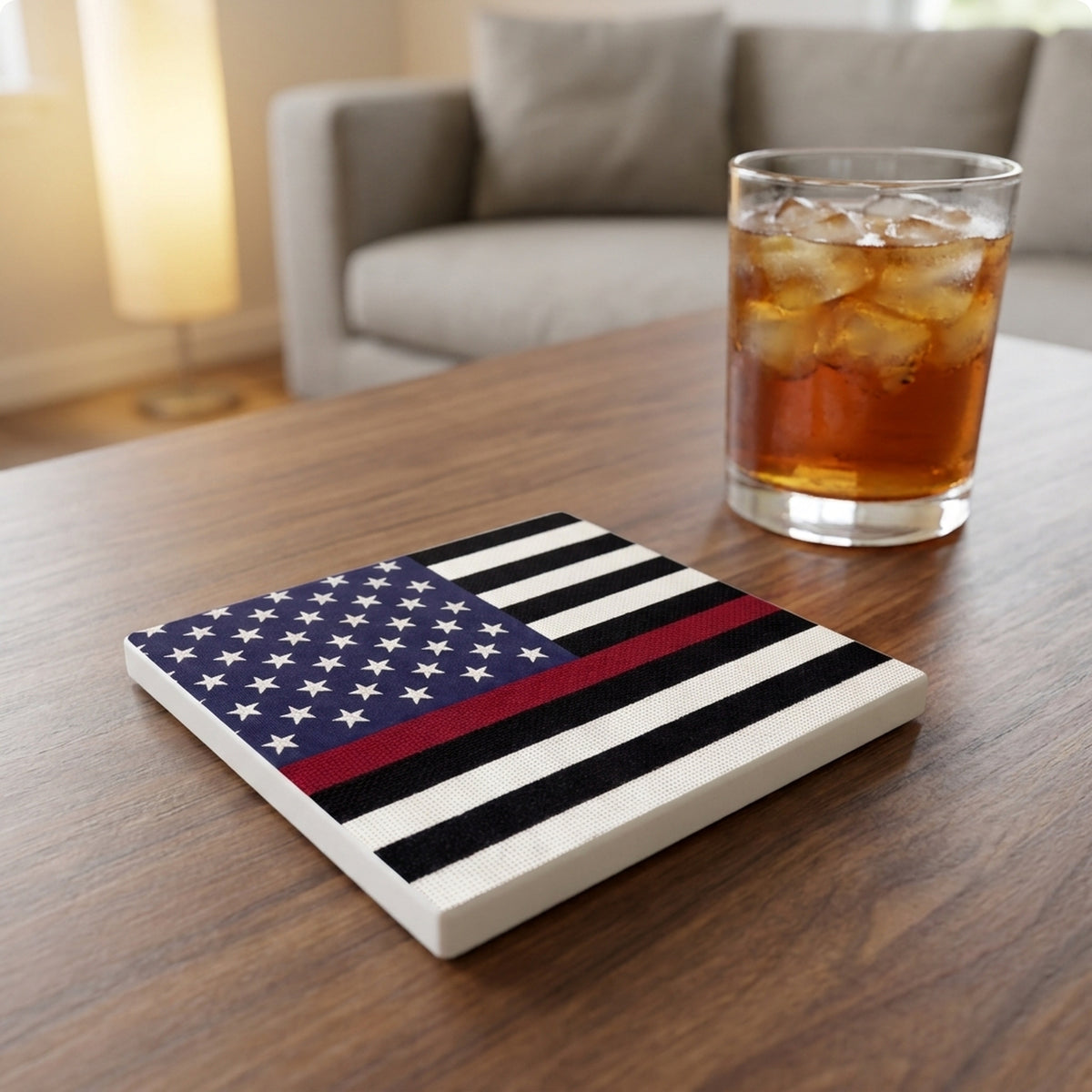 Thin Red Line Flag ceramic coasters set of 4, lifestyle