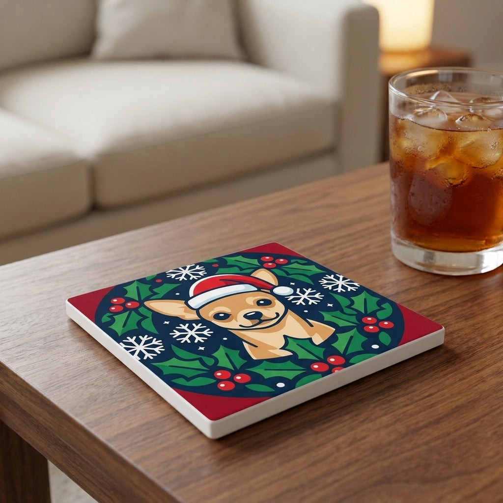Chihuahua Christmas Ornament Art ceramic coasters set of 4, lifestyle