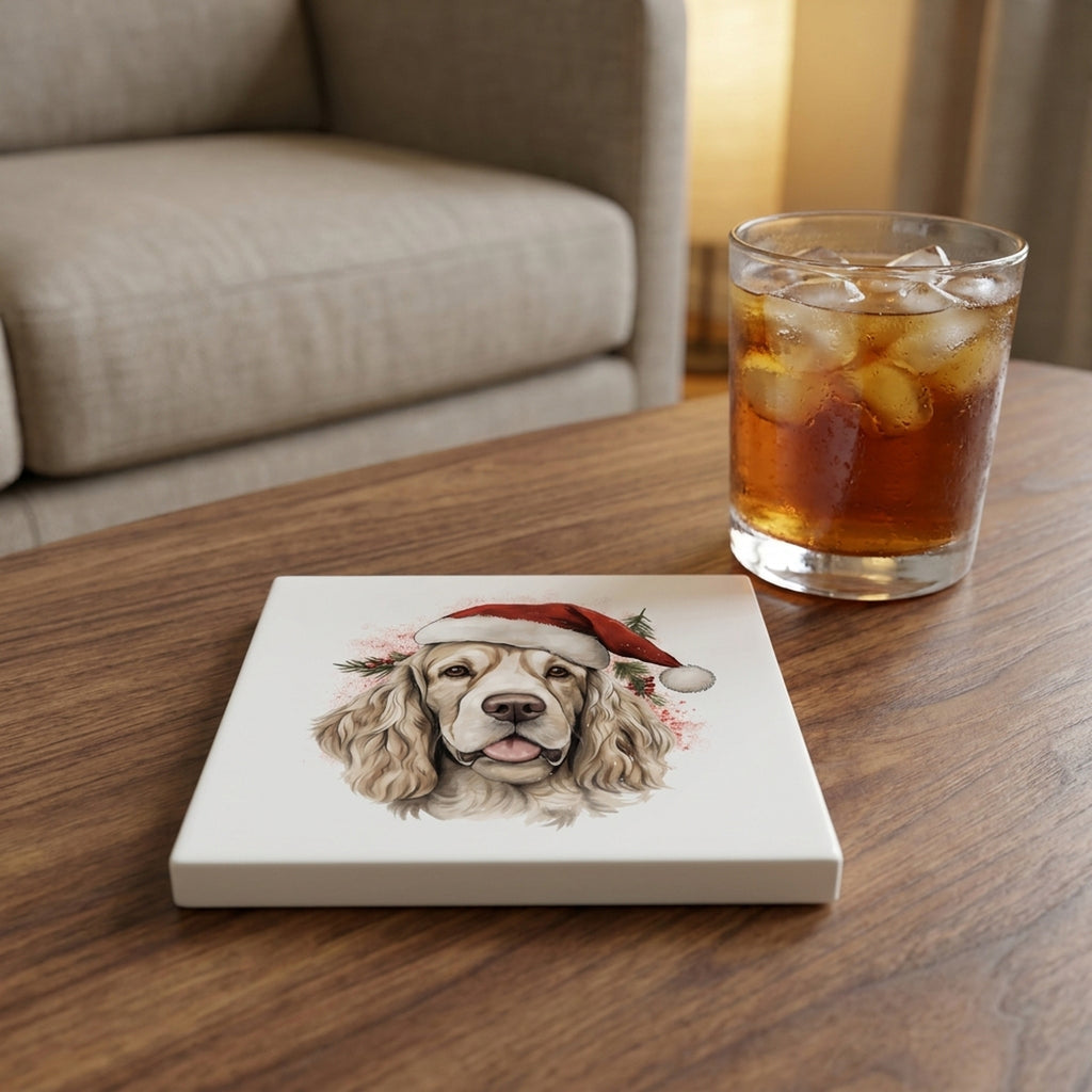 Clumber Spaniel ceramic coasters set of 4, lifestyle